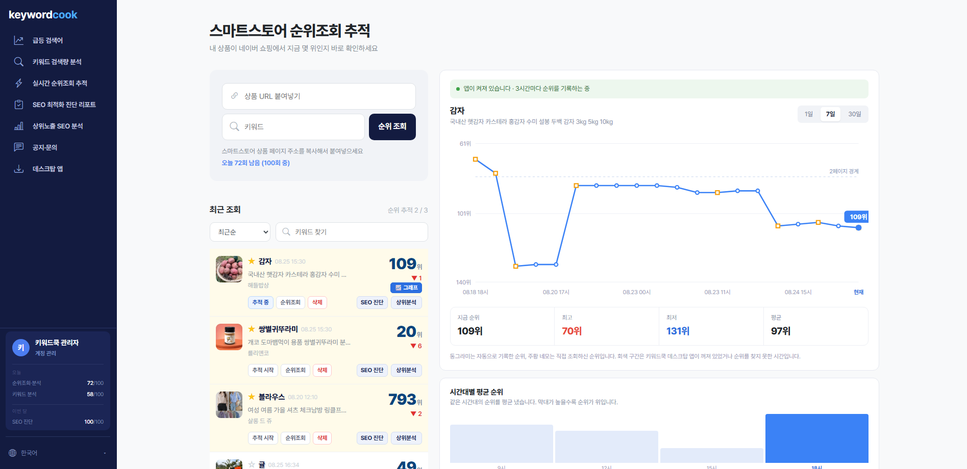 실시간 순위조회 추적 화면